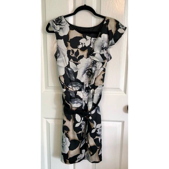 White House Black Market Women's 4 Silk Floral Dress w/ Belt Black Cream Gray - Picture 2 of 6